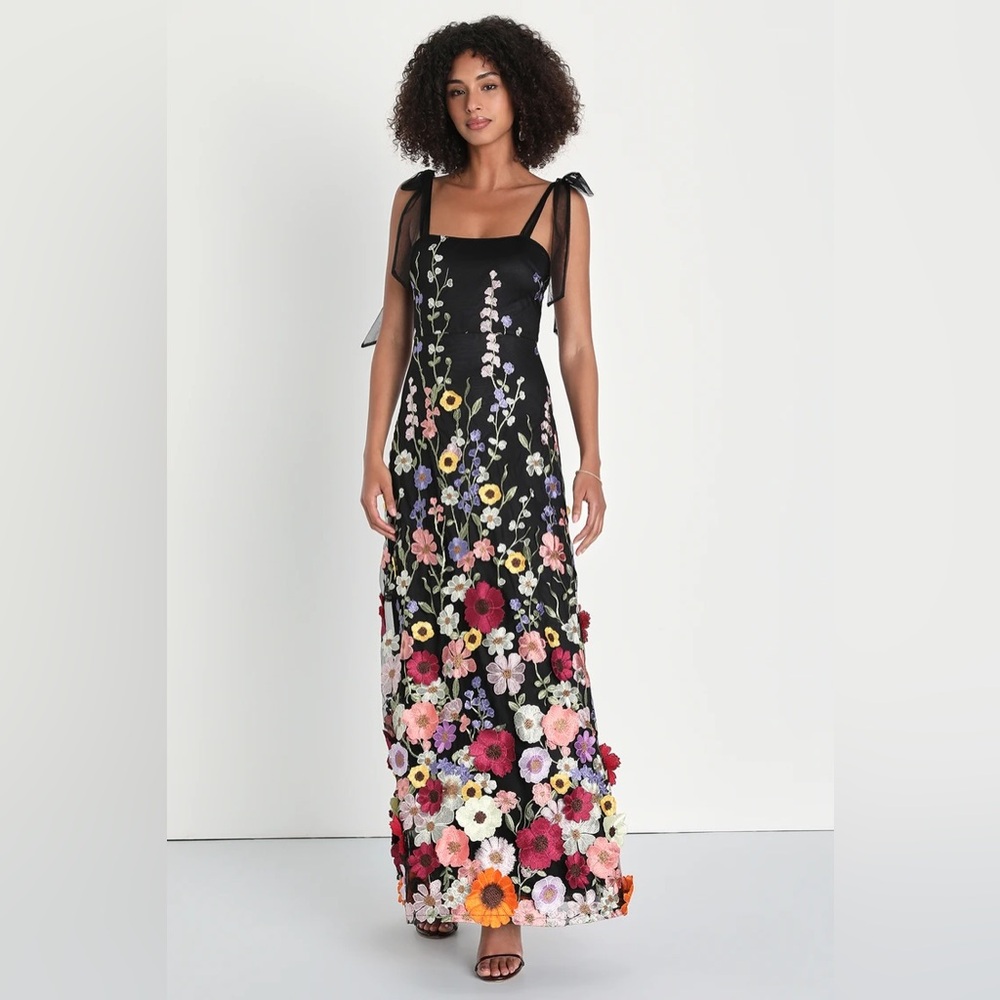 Lulus - Thriving Poise Black 3D Floral Embroidered Tie-Strap Maxi Dress - XL